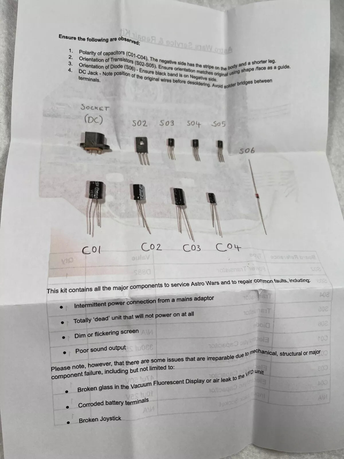 Repair Kit for Grandstand Astro Wars Game. Capacitors,Transistors,Diode DC Jack